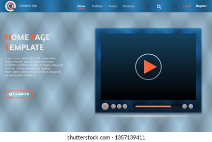 Web site or mobile application landing page with a player in blue color tones