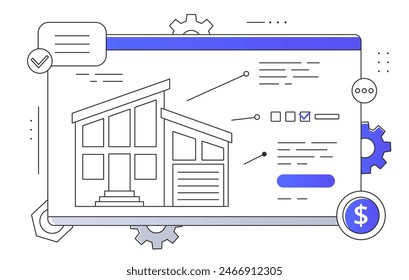 Web site mockup showing the design of a lightweight portable home. Real estate and private property. Simple style flat vector illustration on white background