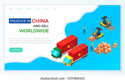 Sitio web sobre el tema de las ventas y compras en línea en China. Cargando camiones con paquetes para su entrega