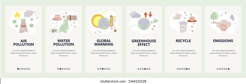 Web site onboarding screens. Air pollution and global warming problems. Ecology, recycle, industry gas emissions. Menu vector banner template for website and mobile app development. Flat illustration