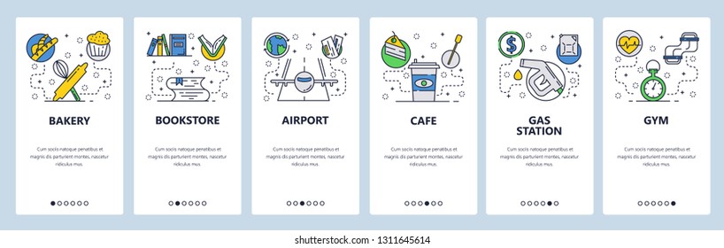 Web site onboarding screens. Bakery, bookstore, airport, cafe, gas station and gym icons. Menu vector banner template for website and mobile app development. Modern design linear art flat illustration