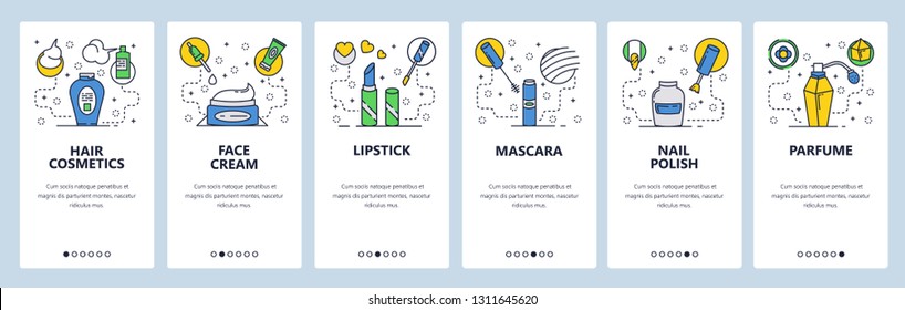 Web site onboarding screens. Beauty salon cosmetic products. Face cream, hair shampoo, lipstick, mascara. Menu vector banner template for website and mobile app development. Design linear art flat