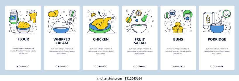 Web site onboarding screens. Breakfast food, chicken, fruit salad, cake, porridge. Menu vector banner template for website and mobile app development. Modern design linear art flat illustration