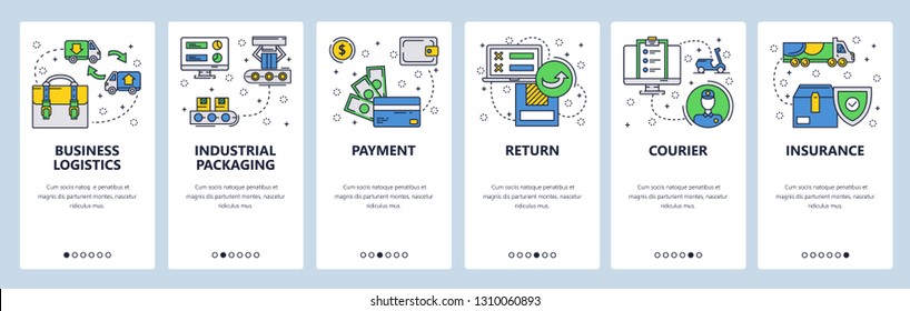 Web site onboarding screens. Business logistics, packaging and delivery. Menu vector banner template for website and mobile app development. Modern design linear art flat illustration