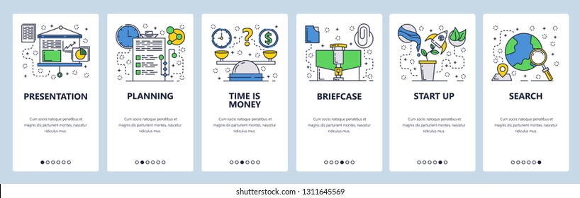 Web site onboarding screens. Business presentation and planing. Time is money concept. Menu vector banner template for website and mobile app development. Modern design linear art flat illustration