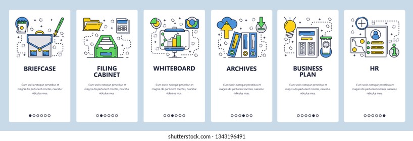 Web site onboarding screens. Business management and office interior supplies. Menu vector banner template for website and mobile app development. Modern design flat illustration