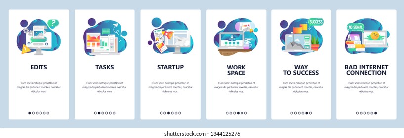 Web site onboarding screens. Business management and software development. Menu vector banner template for website and mobile app development. Modern design flat illustration