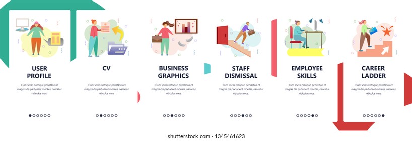 Web site onboarding screens. Business career, job resume and employee skills. Menu vector banner template for website and mobile app development. Modern design flat illustration