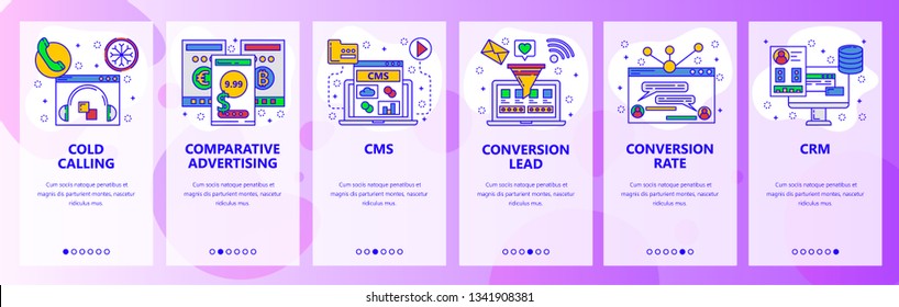 Website-Onboarding-Bildschirme. Call Center, CMS, CRM Systeme. Menu Vektorbanner-Vorlage für Website- und Mobile App-Entwicklung. Moderne Design-Flachgrafik