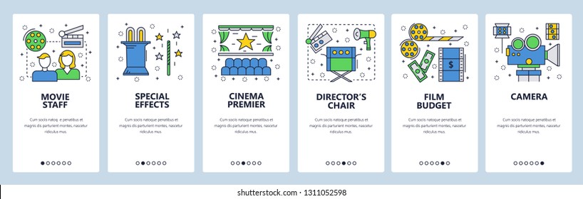 Web site onboarding screens. Cinema and movie industry icons. Menu vector banner template for website and mobile app development. Modern design linear art flat illustration