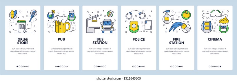 Web site onboarding screens. City services and infrastructure. Menu vector banner template for website and mobile app development. Modern design linear art flat illustration