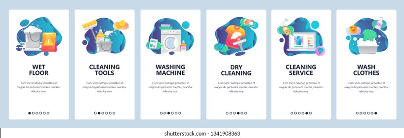 Web site onboarding screens. Cleaning, floor, washing clothes and dry laundry. Menu vector banner template for website and mobile app development. Modern design flat illustration