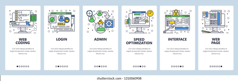 Web site onboarding screens. Coding interface and secure login. Menu vector banner template for website and mobile app development. Modern design linear art flat illustration