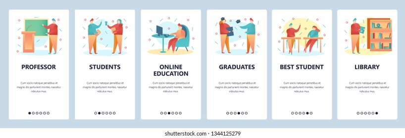 Web site onboarding screens. College education and university students. Menu vector banner template for website and mobile app development. Modern design flat illustration