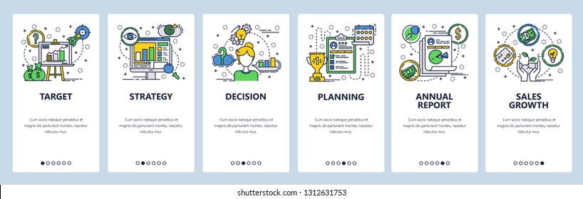 Web site onboarding screens. Company business strategy planning and financial report. Menu vector banner template for website and mobile app development. Modern design linear art flat illustration