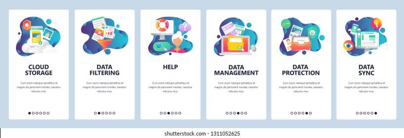 Web site onboarding screens. Computer and internet services, cloud storage and data sync. Menu vector banner template for website and mobile app development. Modern design linear art flat illustration