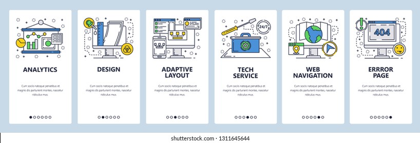 Web site onboarding screens. Computer tech service, error page, adaptive layout. Menu vector banner template for website and mobile app development. Modern design linear art flat illustration