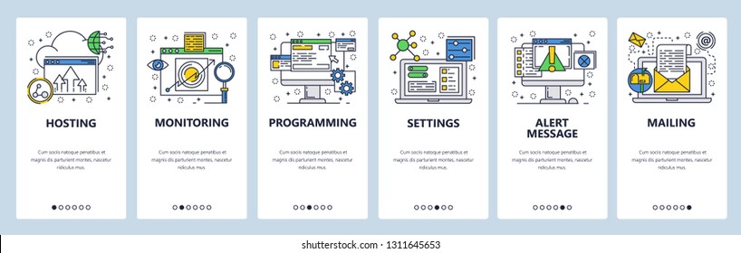 Web site onboarding screens. Computer and internet services, coding. Menu vector banner template for website and mobile app development. Modern design linear art flat illustration