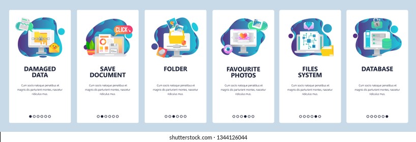 Web site onboarding screens. Computer files and data system. Menu vector banner template for website and mobile app development. Modern design flat illustration