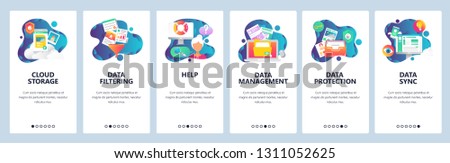 Web site onboarding screens. Computer and internet services, cloud storage and data sync. Menu vector banner template for website and mobile app development. Modern design linear art flat illustration