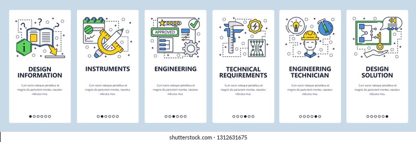 Web site onboarding screens. Construction, measurements and drawing tools. Menu vector banner template for website and mobile app development. Modern design linear art flat illustration