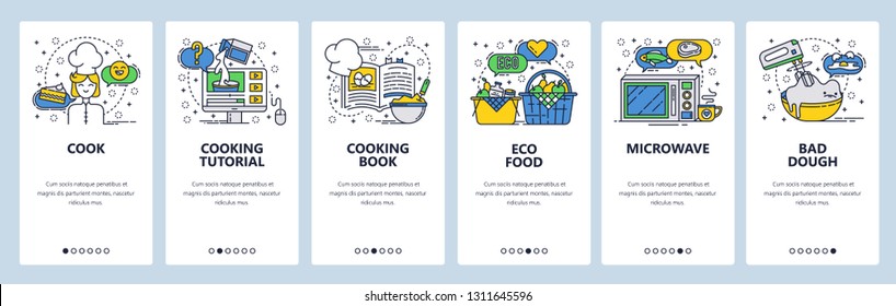 Web site onboarding screens. Cooking book and online recipe, organic food. Menu vector banner template for website and mobile app development. Modern design linear art flat illustration