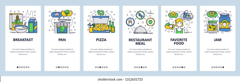 Web site onboarding screens. Cooking at home, breakfast, restaurant, pizza. Menu vector banner template for website and mobile app development. Modern design linear art flat illustration