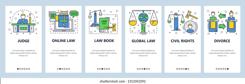 Web site onboarding screens. Court and legal system, civil rights, family law, international law. Menu vector banner template for website and mobile app development. Linear art flat illustration