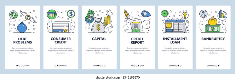 Web site onboarding screens. Credit card and debt problems. Consumer loans and banking system. Menu vector banner template for website and mobile app development. Modern design flat illustration