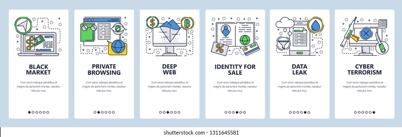 Web site onboarding screens. Cyber terrorism, security and hacking. Private browsing and deep web. Menu vector banner template for website and mobile app development. Linear art flat illustration