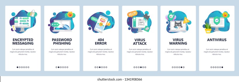 Web site onboarding screens. Cyber security, virus attack and phishing. Antivirus and encrypted messaging. Menu vector banner template for website and mobile app development. Design flat illustration