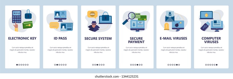 Web site onboarding screens. Cyber security, secure access, ID pass and online payment. Menu vector banner template for website and mobile app development. Modern design flat illustration