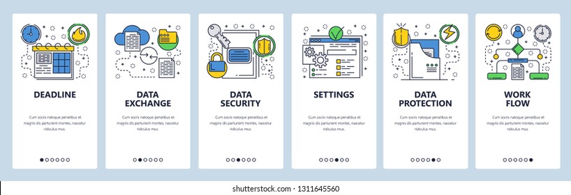 Web site onboarding screens. Data exchange, sync and protection. Menu vector banner template for website and mobile app development. Modern design linear art flat illustration