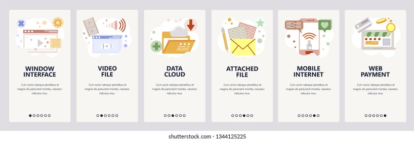Web site onboarding screens. Data cloud sync, media files and mobile internet. Menu vector banner template for website and mobile app development. Modern design flat illustration