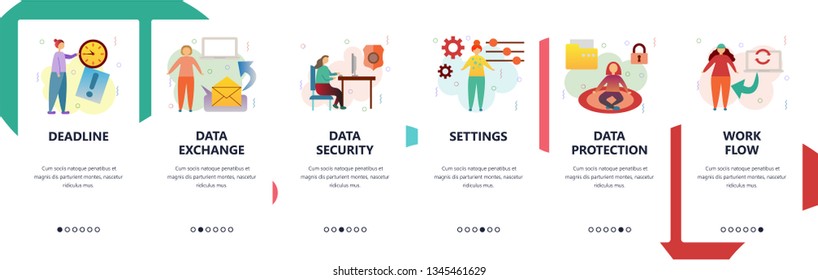 Web site onboarding screens. Data exchange, cyber security, data protection. Menu vector banner template for website and mobile app development. Modern design flat illustration