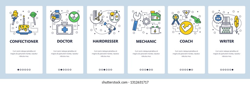 Web site onboarding screens. Different professions icons, doctor, coach, mechanic, writer. Menu vector banner template for website and mobile app development. Design linear art flat illustration