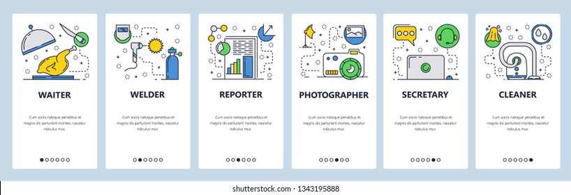 Web site onboarding screens. Different jobs and professions. Menu vector banner template for website and mobile app development. Modern design flat illustration