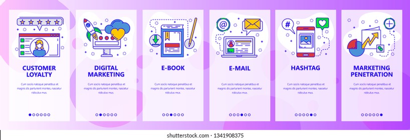 Web site onboarding screens. Digital marketing, customer review, photo sharing. Menu vector banner template for website and mobile app development. Modern design flat illustration