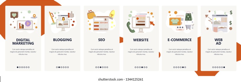 Web site onboarding screens. Digital marketing, SEO and online shopping. Menu vector banner template for website and mobile app development. Modern design flat illustration