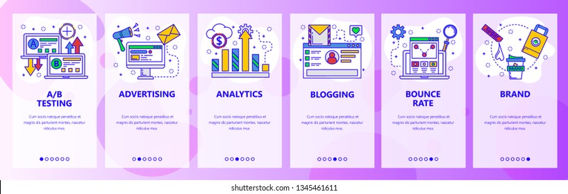 Web site onboarding screens. Digital marketing, analytics and online advertisement. Menu vector banner template for website and mobile app development. Modern design flat illustration