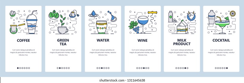 Web site onboarding screens. Drinks menu in bar or restaurant. Menu vector banner template for website and mobile app development. Modern design linear art flat illustration.