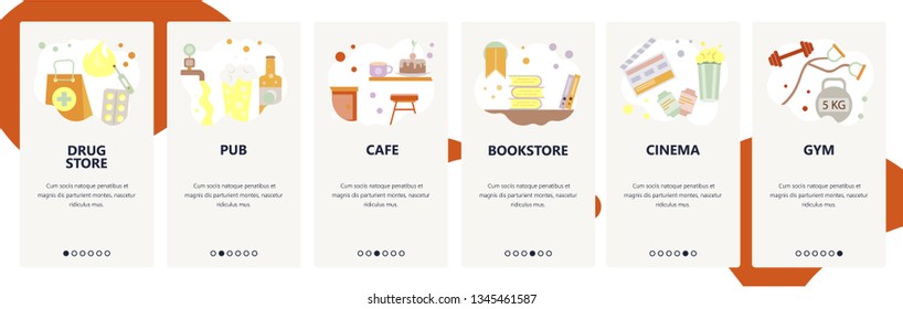 Web site onboarding screens. Drug store, pub, bar, cafe, cinema, gym. Menu vector banner template for website and mobile app development. Modern design flat illustration