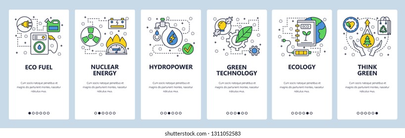 Web site onboarding screens. Ecology and green energy technology. Menu vector banner template for website and mobile app development. Modern design linear art flat illustration