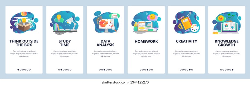 Web site onboarding screens. Education, knowledge, studying and creativity. Menu vector banner template for website and mobile app development. Modern design flat illustration