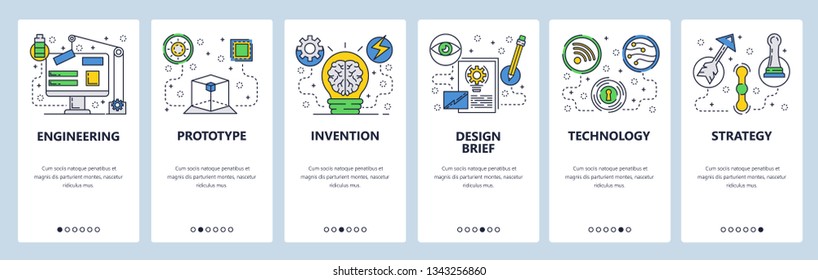 Web site onboarding screens. Engineering, construction and innovation technology. Menu vector banner template for website and mobile app development. Modern design flat illustration