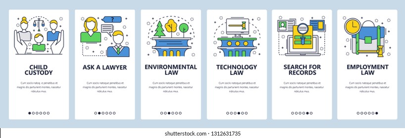 Web site onboarding screens. Family, technology, environmental law, court records. Menu vector banner template for website and mobile app development. Modern design linear art flat illustration