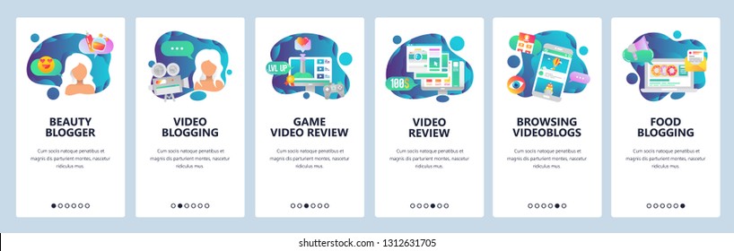 Web site onboarding screens. Fashion celebrity blogger, game live streaming, video blog. Menu vector banner template for website and mobile app development. Modern design linear art flat illustration