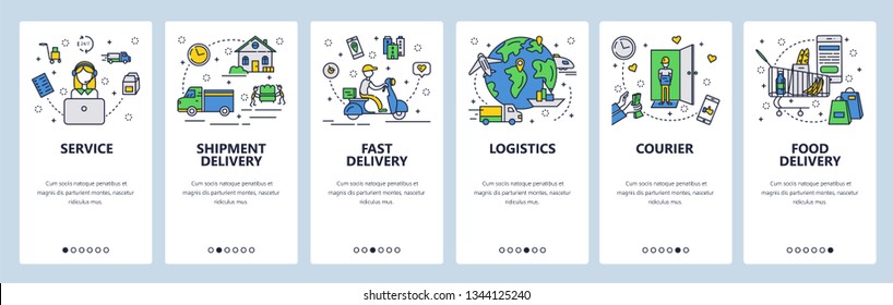 Web site onboarding screens. Fast shipping and food delivery. Menu vector banner template for website and mobile app development. Modern design flat illustration