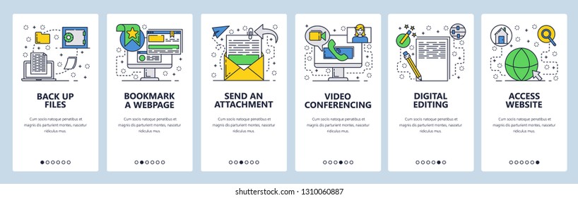 Web site onboarding screens. Files and computer services. Menu vector banner template for website and mobile app development. Modern design linear art flat illustration