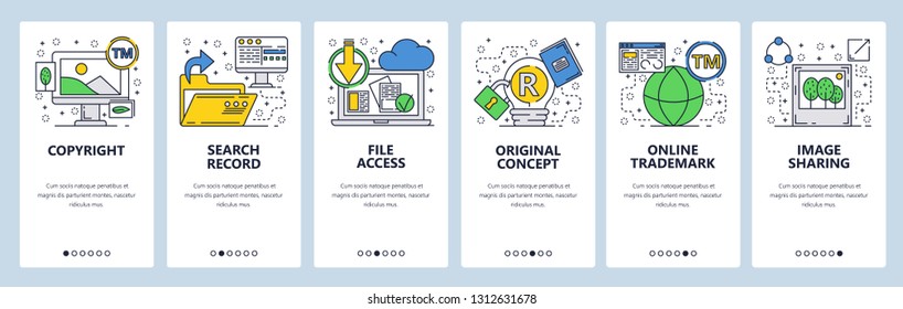 Web site onboarding screens. Files access and download, open folder, original trademark. Menu vector banner template for website and mobile app development. Modern design linear art flat illustration